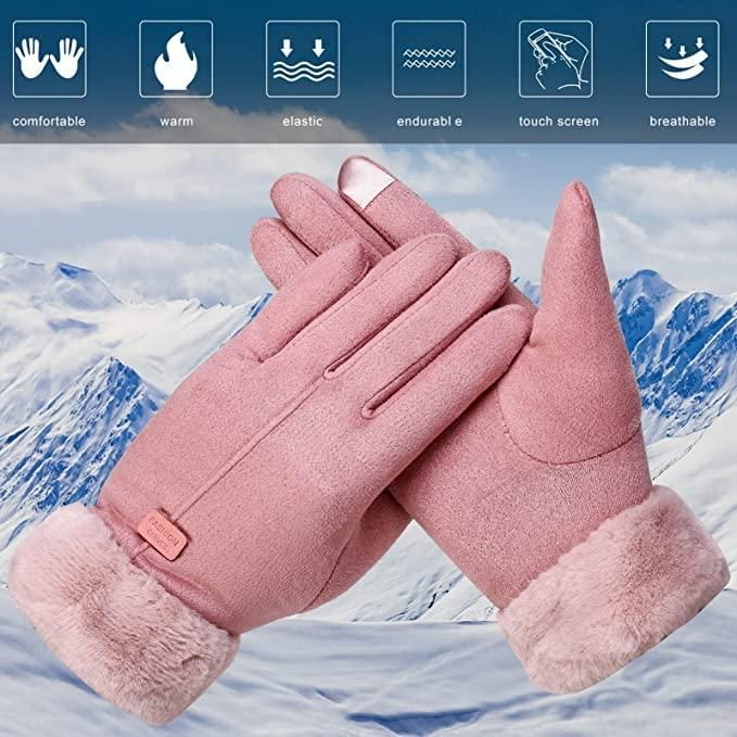 Women’s Winter Warm Gloves for Women | Cute Bow Pink Gloves | Touchscreen Wool Fleece Gloves | Soft & Cozy Winter Wear