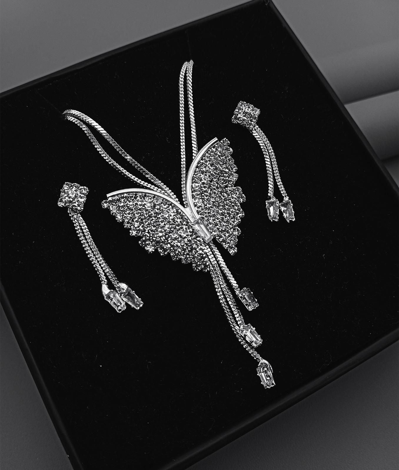 Silver Butterfly Pendant Necklace Set with Crystal Earrings | Party Wear Jewellery