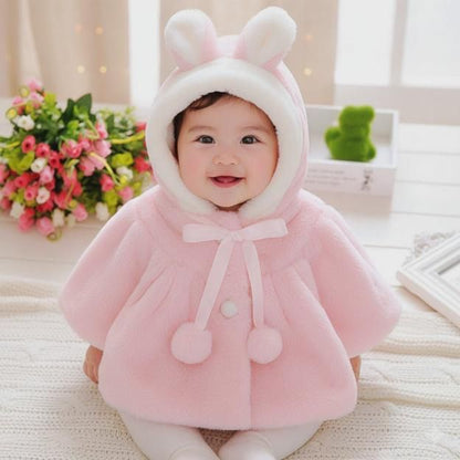 Baby Girls Thicker Coat – Pink (Woolen, Hooded, Rabbit Style)