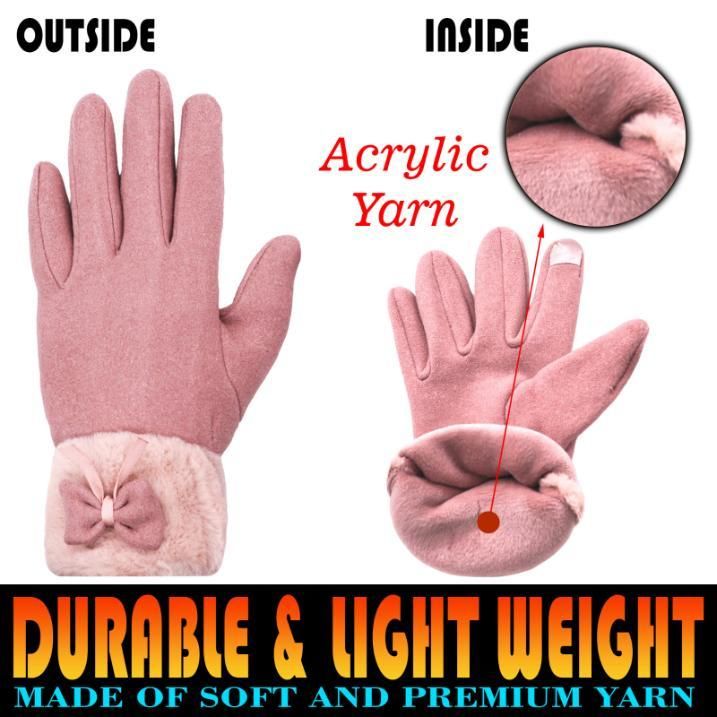 Women’s Winter Warm Gloves for Women | Cute Bow Pink Gloves | Touchscreen Wool Fleece Gloves | Soft & Cozy Winter Wear