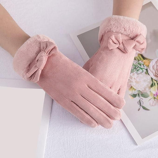 Women’s Winter Warm Gloves for Women | Cute Bow Pink Gloves | Touchscreen Wool Fleece Gloves | Soft & Cozy Winter Wear