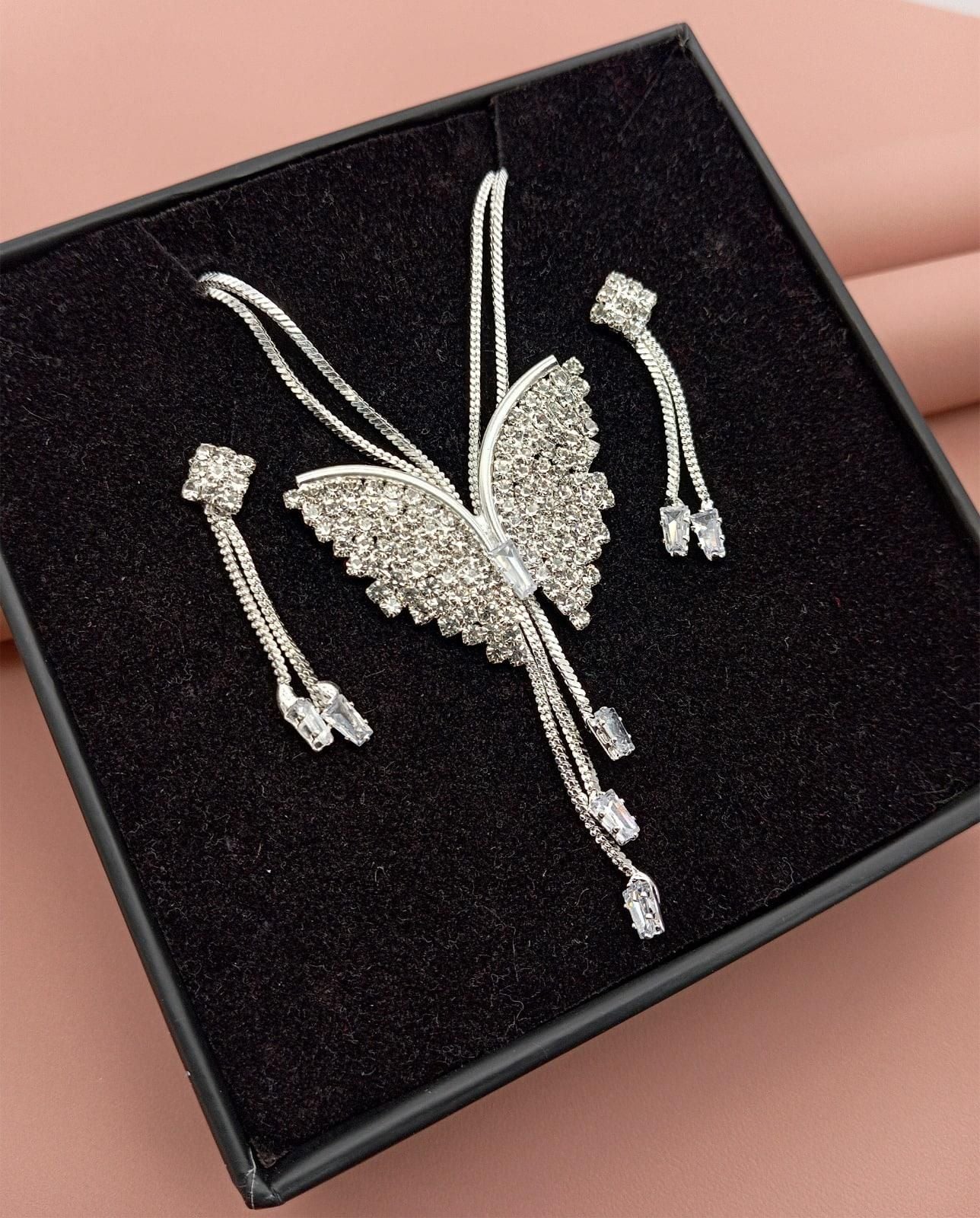 Silver Butterfly Pendant Necklace Set with Crystal Earrings | Party Wear Jewellery