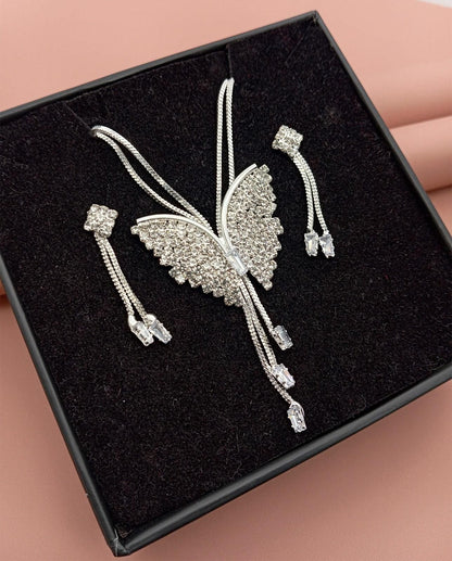 Silver Butterfly Pendant Necklace Set with Crystal Earrings | Party Wear Jewellery