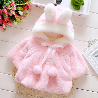 Baby Girls Thicker Coat – Pink (Woolen, Hooded, Rabbit Style)