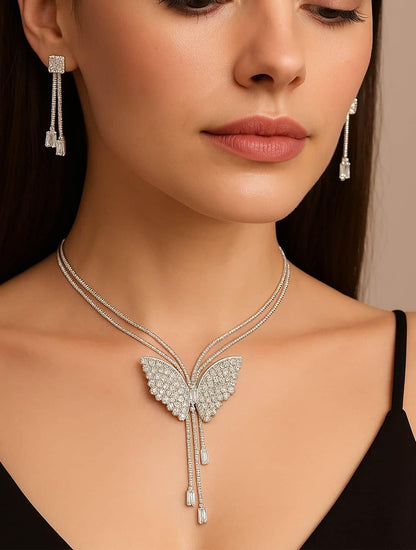 Silver Butterfly Pendant Necklace Set with Crystal Earrings | Party Wear Jewellery