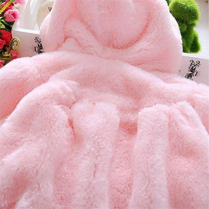 Baby Girls Thicker Coat – Pink (Woolen, Hooded, Rabbit Style)